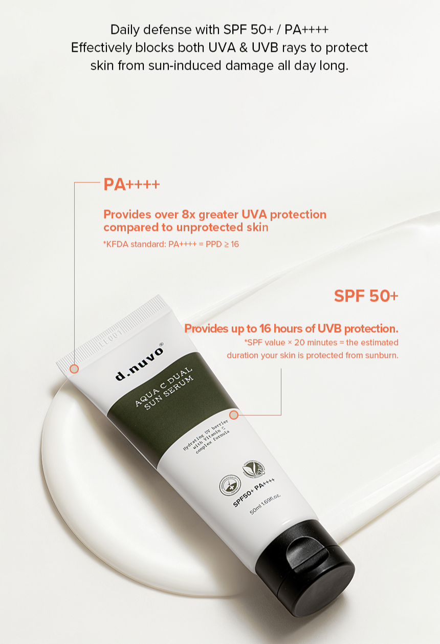 d.nuvo Dual C Sun Serum: SPF50+/PA++++ UV filters, brightening and anti-wrinkle . 50mlt