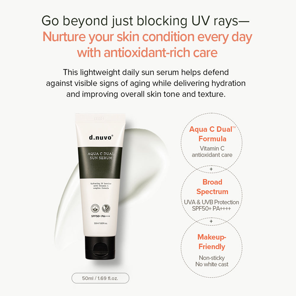 d.nuvo Dual C Sun Serum: SPF50+/PA++++ UV filters, brightening and anti-wrinkle . 50mlt